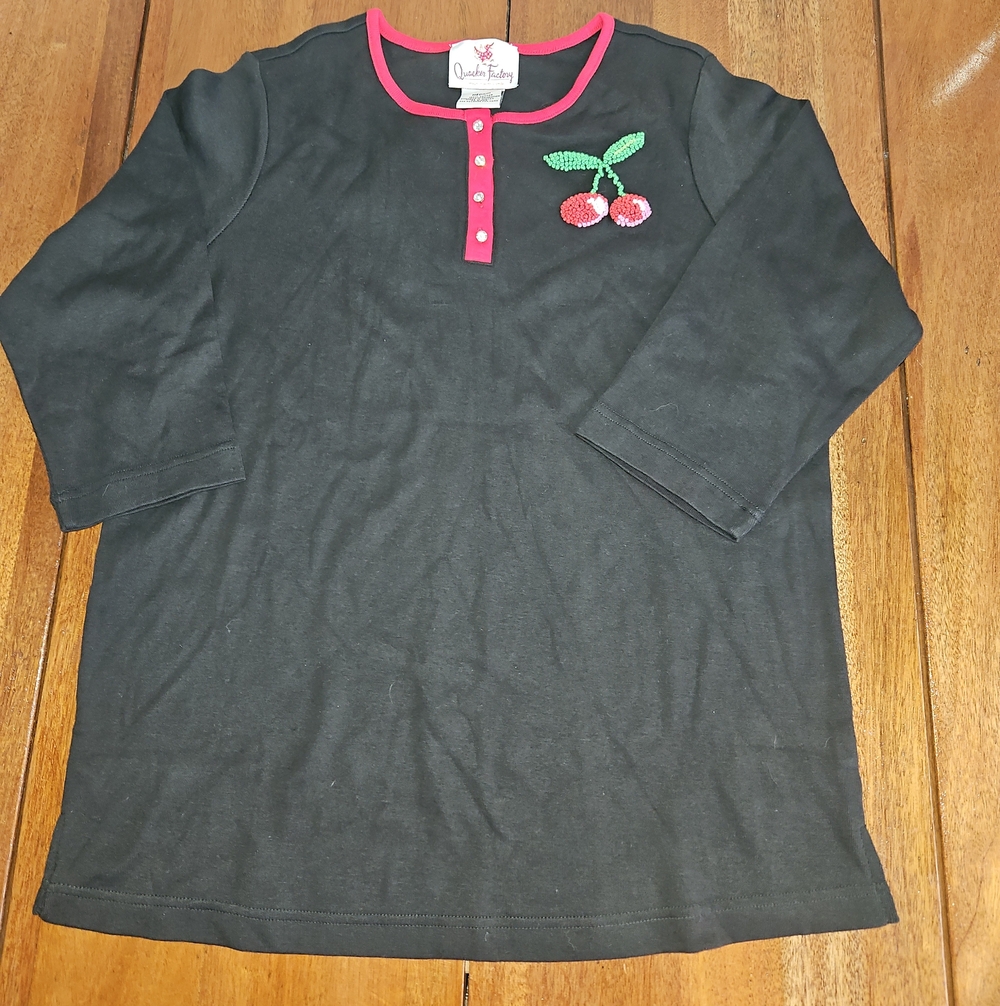 Quacker Factory Black Long Sleeve Tee with Pink Trim and Cherry Applique